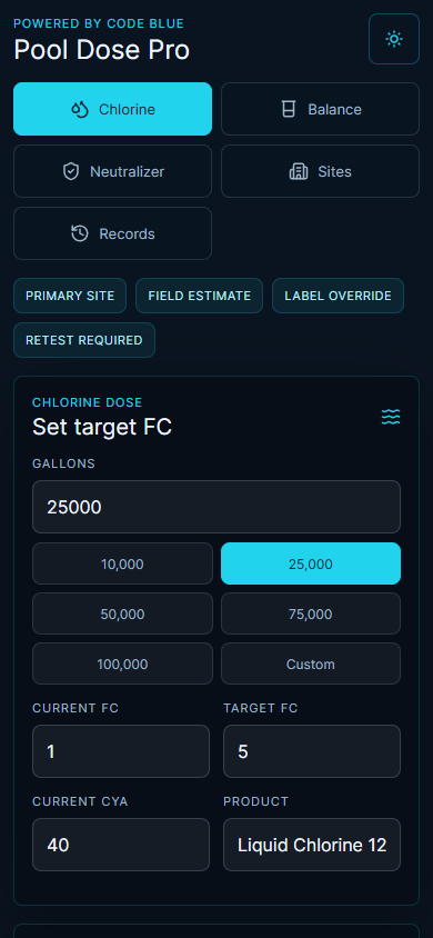 Pool Dose Pro chlorine calculator with pool volume, free chlorine, stabilizer, and product controls